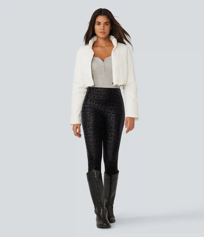 High Waisted Tummy Control Stretchy PU Leopard Print Fleece Casual Leggings with Pockets