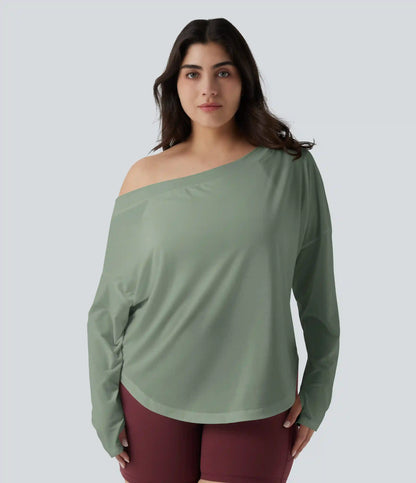 One Shoulder Long Sleeve Thumb Hole Curved Hem High Low Quick Dry Yoga Plus Size Sports Top-Built-in Bra