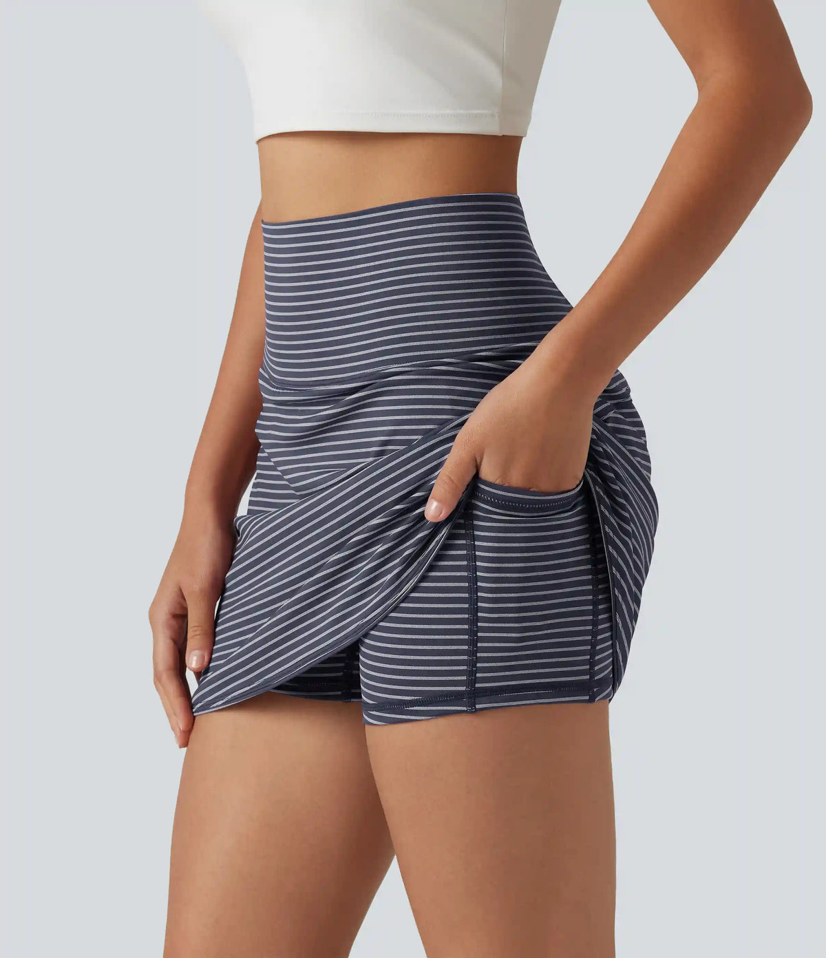 Ultra High-Waist Tummy Control Curved Hem 2-in-1 Stripes Golf Mini Skirt with Pockets