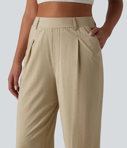 High Waisted Straight Leg Casual Stretch Linen Pants with Pockets