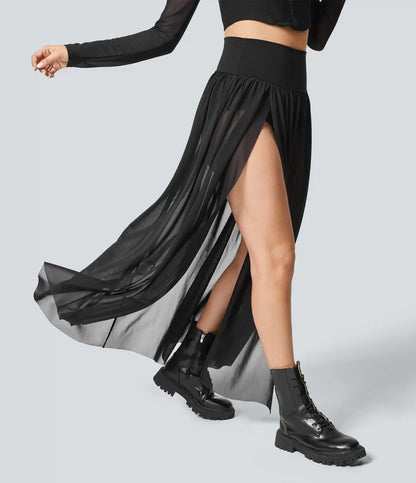 High Waisted 2-in-1 Mesh Flowy Maxi Casual Skirt