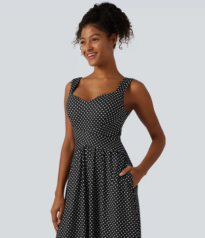 Sleeveless Backless Crossover Built-in Bra Polka Dot Midi Casual Flowy Dress with Pockets DD-F Cups
