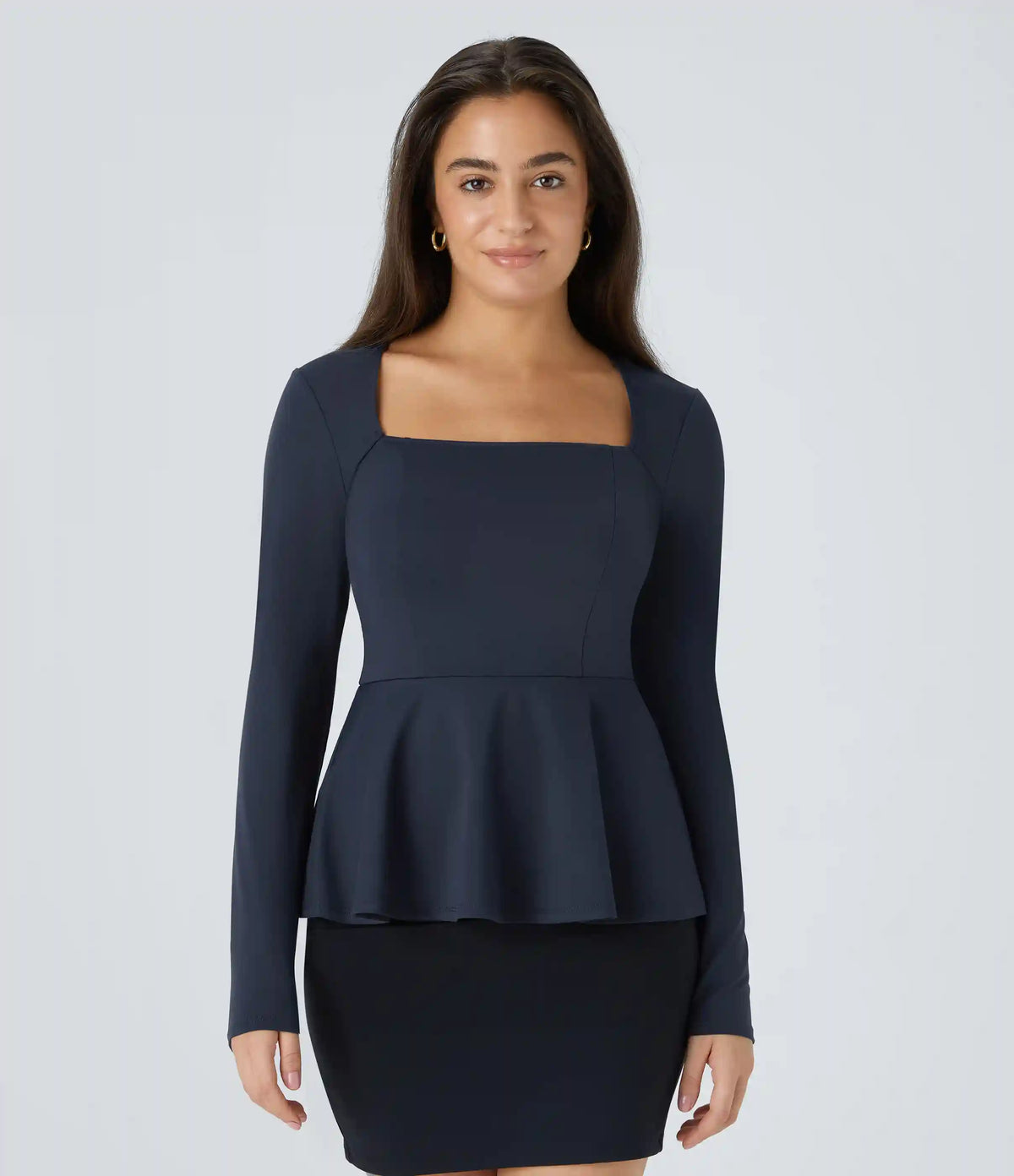 Square Neck Long Sleeve Ruffle Hem Work Top