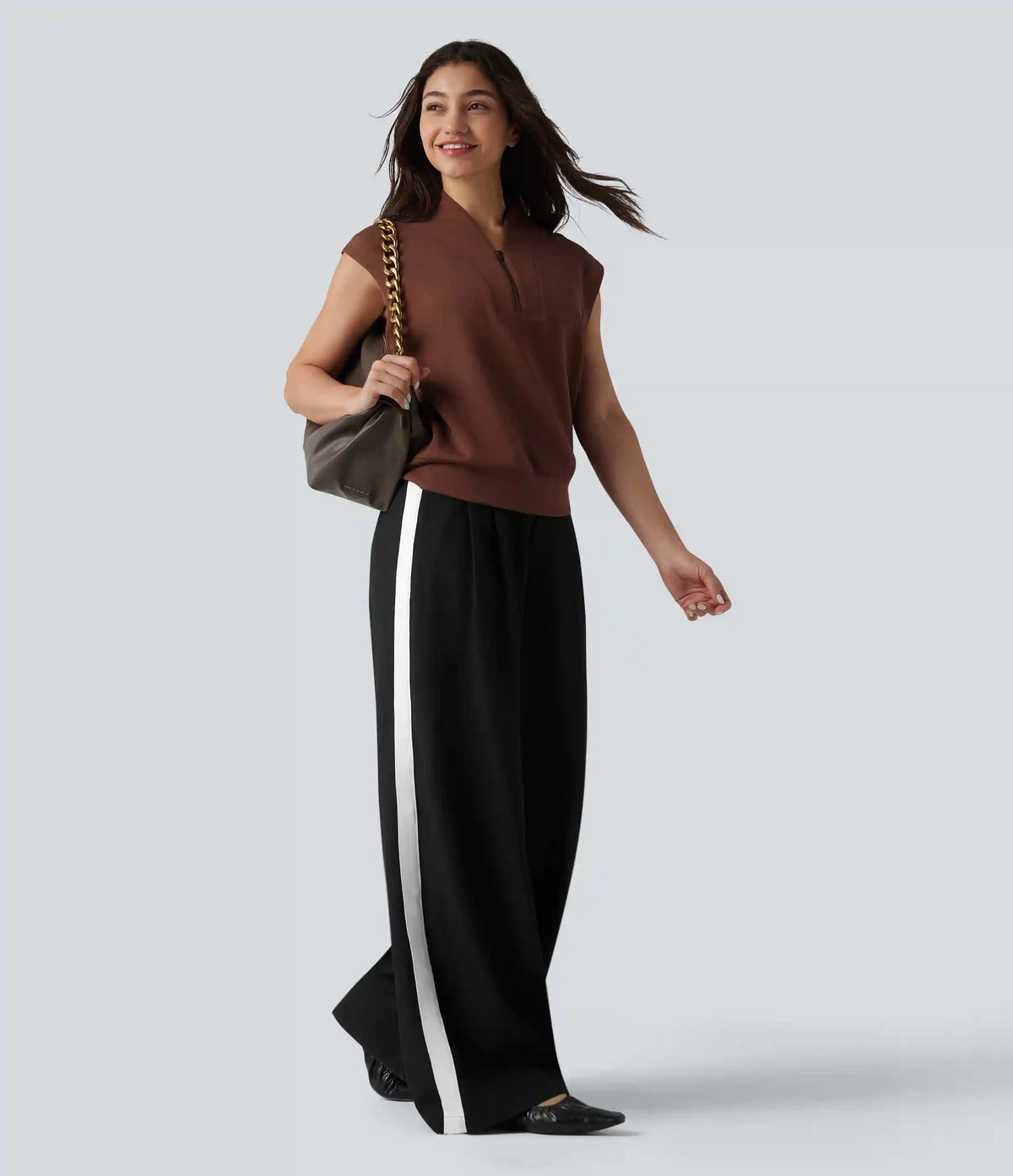 Wrinkle Recovery High Waisted Baggy Color Block Casual Linen-Feel Pants with Pockets