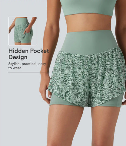 High-waisted Leopard Print 2-in-1 Running Baggy Shorts with Pockets