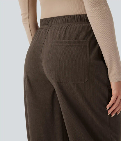 Mid Rise Drawstring Barrel Leg Corduroy Casual Pants with Pockets