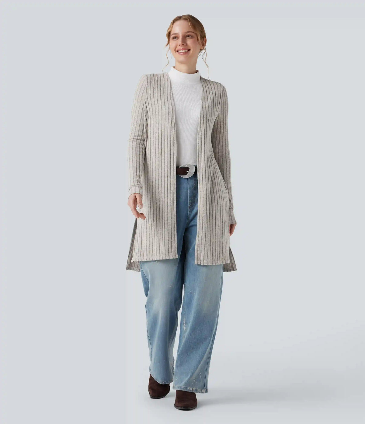 Ribbed Knit Long Sleeve Split Casual Cardigan