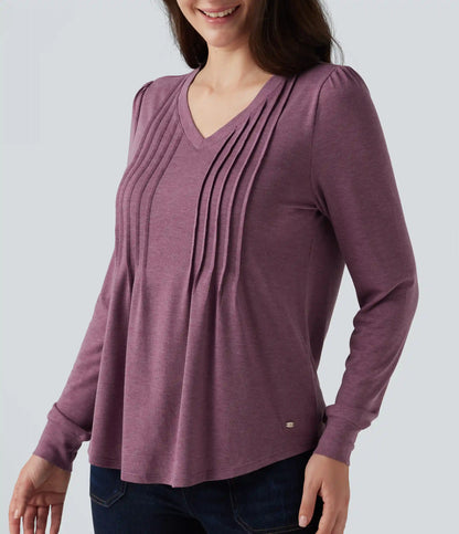 V Neck Long Sleeve Heathered Casual Top