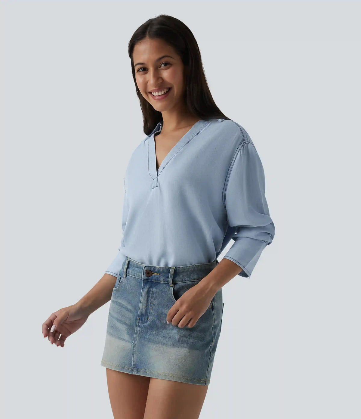 V Neck Long Sleeve Denim Casual Blouse