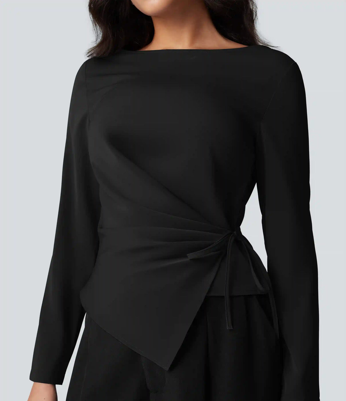 Wrinkle Recovery Boat Neck Long Sleeve Ruched Tie Work Blouse
