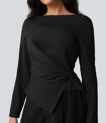 Wrinkle Recovery Boat Neck Long Sleeve Ruched Tie Work Blouse