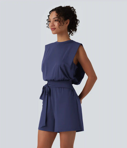 Round Neck Sleeveless Tie-front Cool Touch Casual Romper with Pockets-Easy Peezy-UPF50+