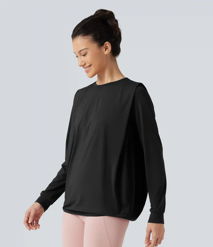 Round Neck Long Sleeve Ruched InstantCool Yoga Sports Top-Longer Length-UPF50+