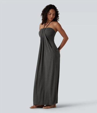 Halter Tie Back Built-in Bra Maxi Dress with Pockets