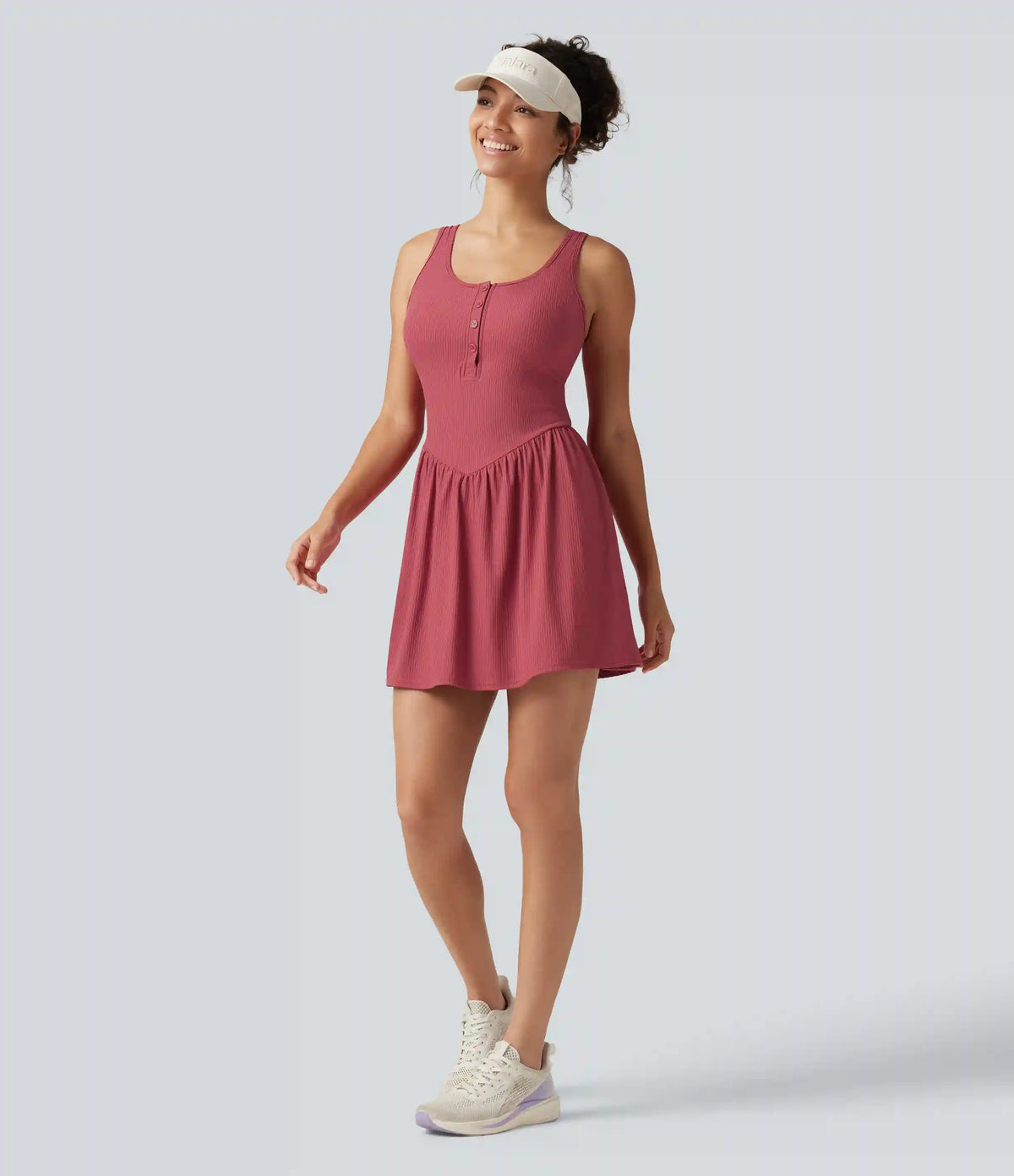 Ribbed Henley Neck Built-in Bra 2-in-1 Mini Tennis Active Tank Dress with Pockets-Easy Peezy Edition