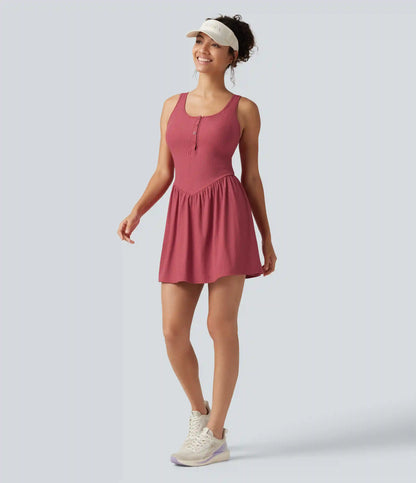 Ribbed Henley Neck Built-in Bra 2-in-1 Mini Tennis Active Tank Dress with Pockets-Easy Peezy Edition