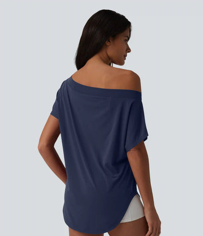 One Shoulder Short Sleeve Curved Hem High Low Quick Dry Yoga Sports Top-Built-in Bra