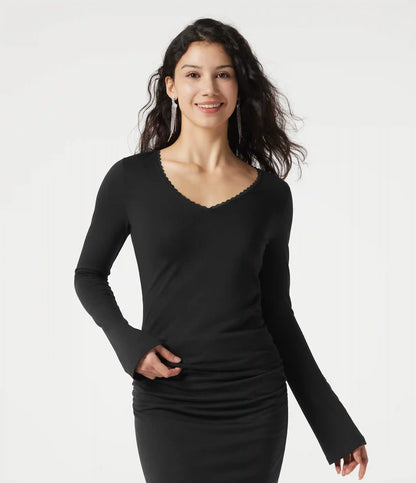 V Neck Lace Long Sleeve Top
