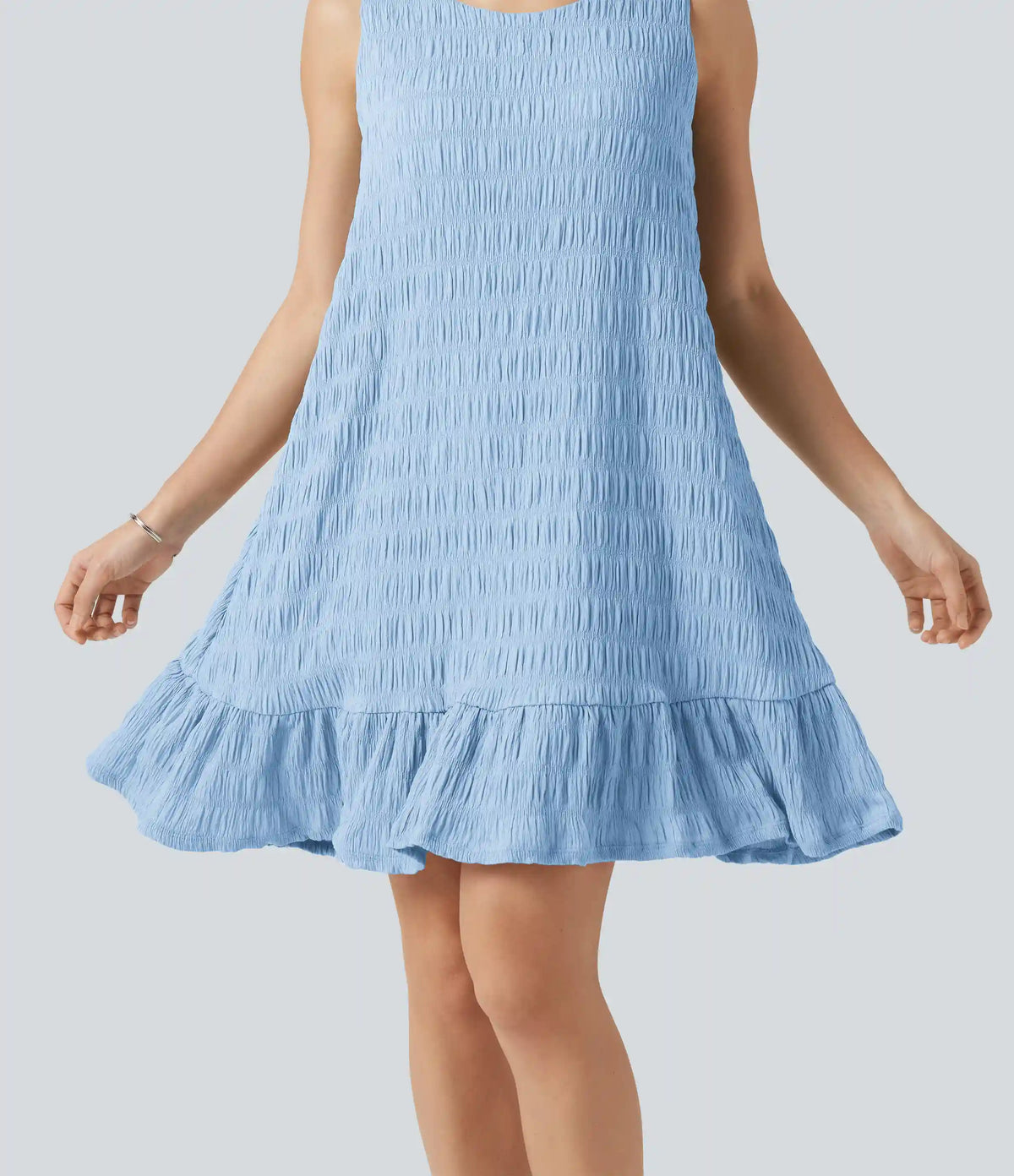 Round Neck Built-in Bra Sleeveless Ruffle Hem Mini Casual Dress DD-F Cups