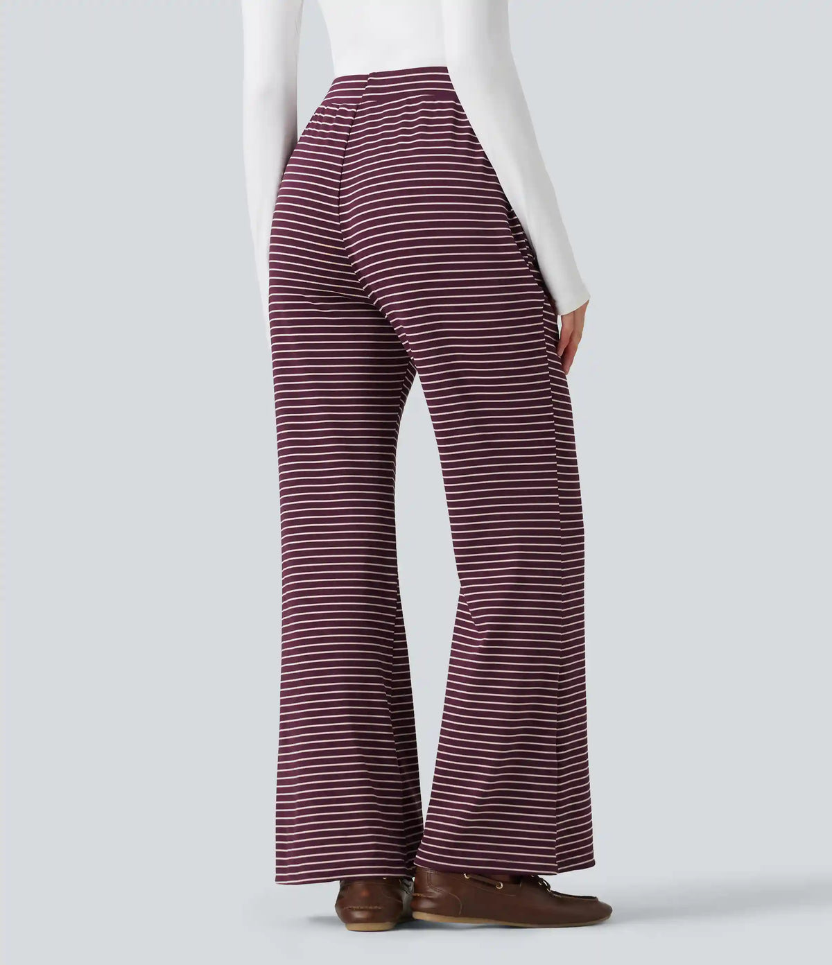 Ribbed Knit Stripes Mid Rise Drawstring Casual Bootcut Pants with Pockets