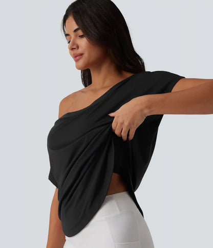 One Shoulder Short Sleeve Curved Hem High Low Quick Dry Yoga Sports Top-Built-in Bra
