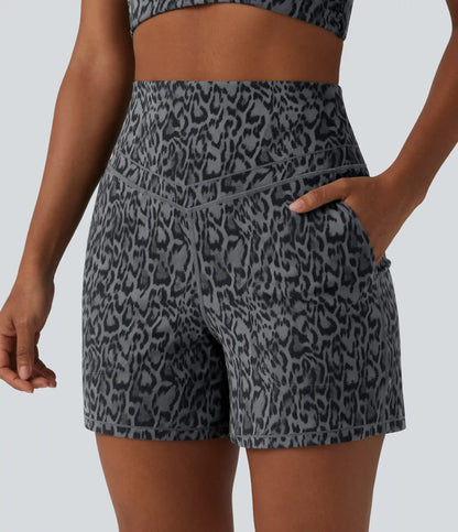 Halara UltraSculpt™ Leopard Print High Waisted Tummy Control Straight Leg Yoga Shorts 5'' with Pockets