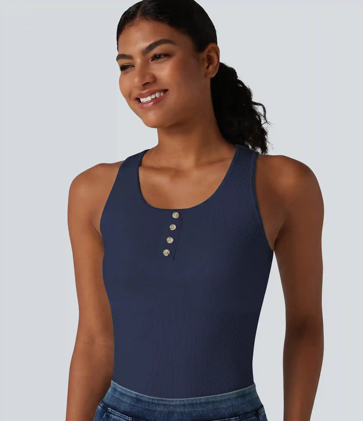 Ribbed Knit Round Neck Built-in Bra Casual Tank Top
