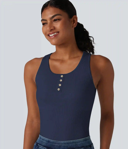 Ribbed Knit Round Neck Built-in Bra Casual Tank Top