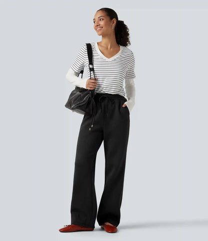 Mid Rise Drawstring Bootcut Fleece Casual Sweatpants with Pockets