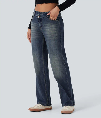 Halara Flex™ Asymmetric Low Rise Straight Leg Casual Jeans with Pockets