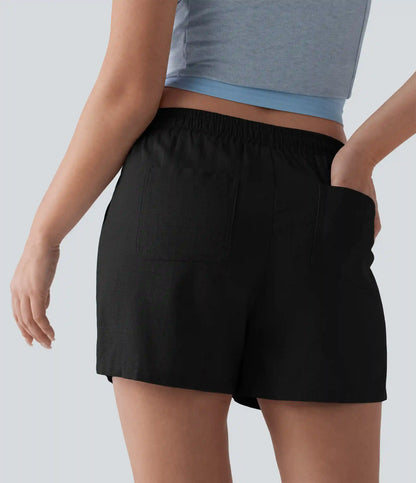 Mid Rise Drawstring Casual Linen Shorts with Pockets
