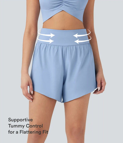SoftlyZero™ QuickDry High Waisted Tummy Control Reflective Dots Crossover Hem 2-in-1 Running Shorts 5'' with Pockets