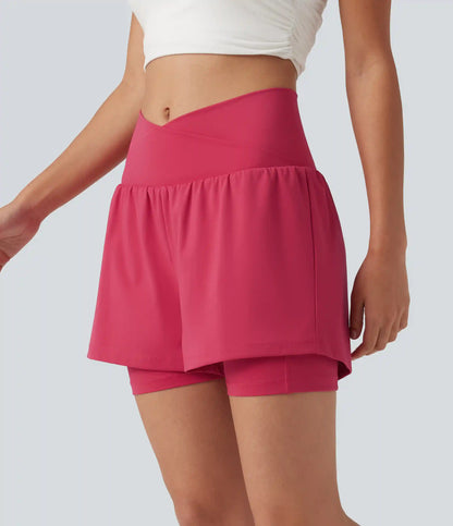 SoftlyZero™ Airy High Waisted Crossover 2-in-1 InstantCool Yoga Shorts 5'' with Pockets
