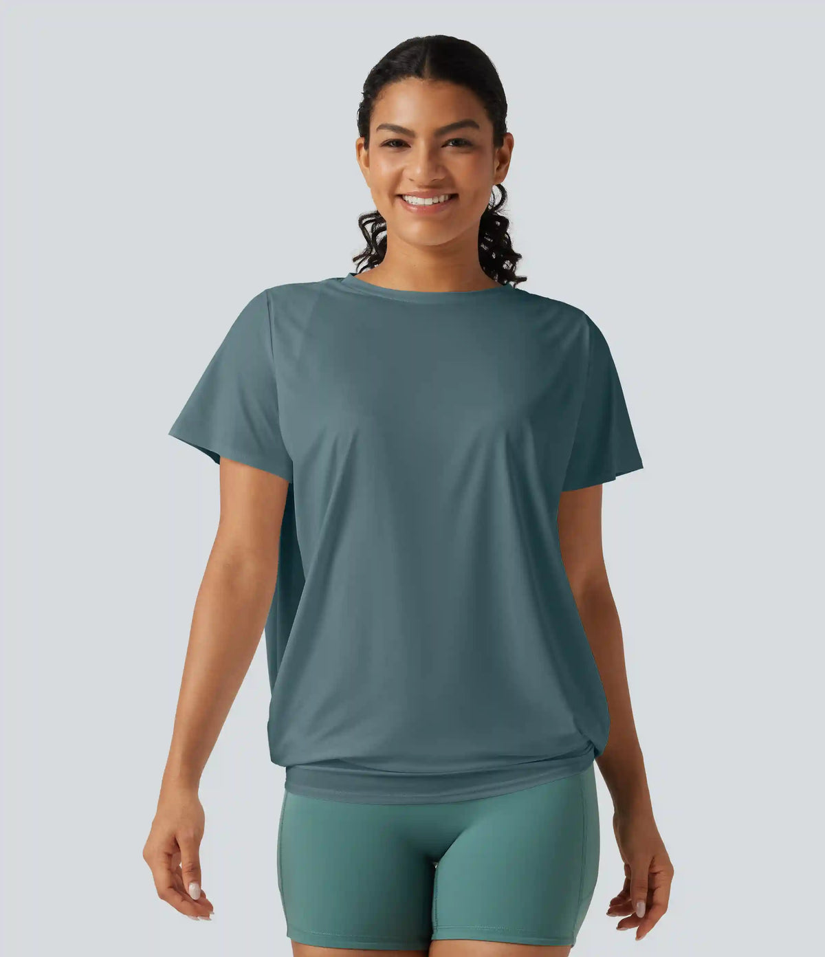 Round Neck Short Sleeve Ruched InstantCool Yoga Sports Top-Longer Length-UPF50+
