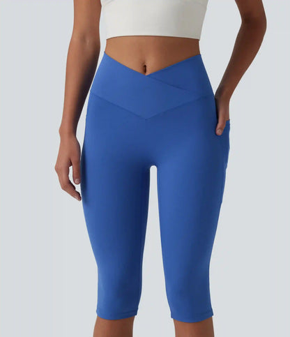 SoftlyZero™ High Waisted Crossover Pedal Pusher Yoga Leggings with Pockets