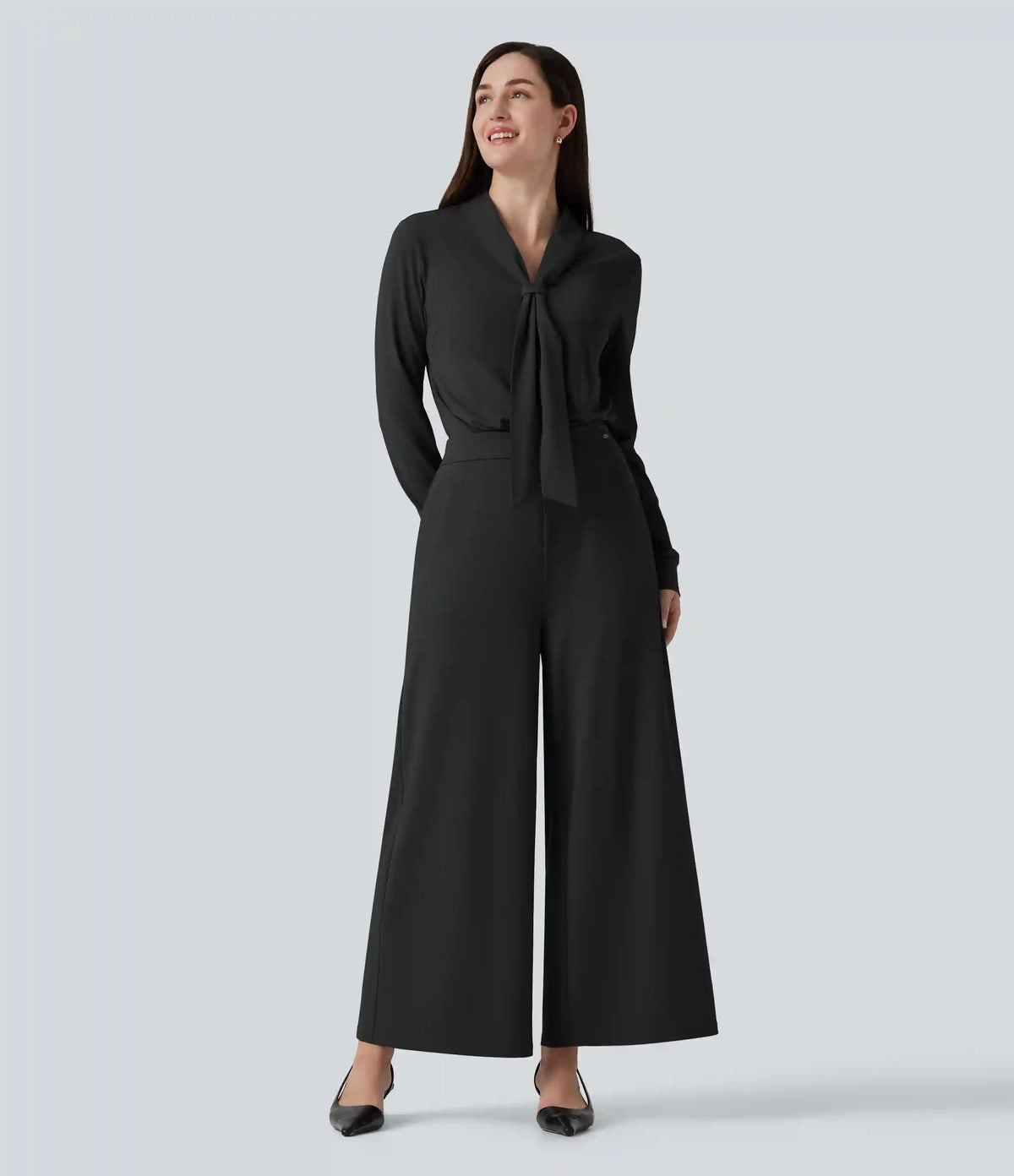 V Neck Long Sleeve Wide Leg Work Jumpsuit with Pockets-Easy Peezy Edition