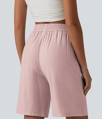 High Waisted Drawstring Casual Linen-Blend Bermuda Shorts 10'' with Pockets