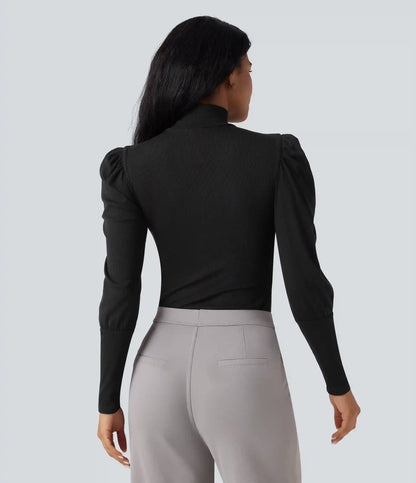 Ribbed Knit High-neck Puff Sleeve Skinny Work Bodysuit
