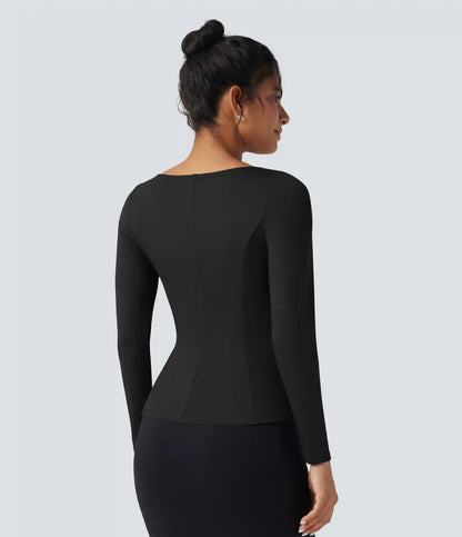 Square Neck Long Sleeve Ruffle Hem Work T-Shirt