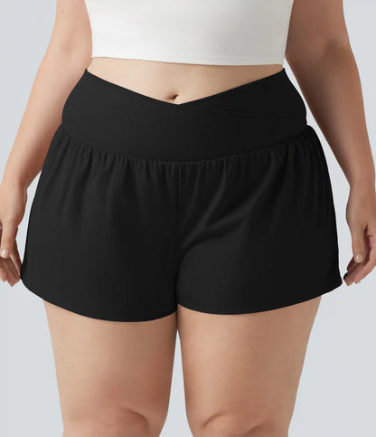 SoftlyZero™ Airy Crossover High Waisted 2-in-1 InstantCool Yoga Plus Size Shorts 3'' with Pockets