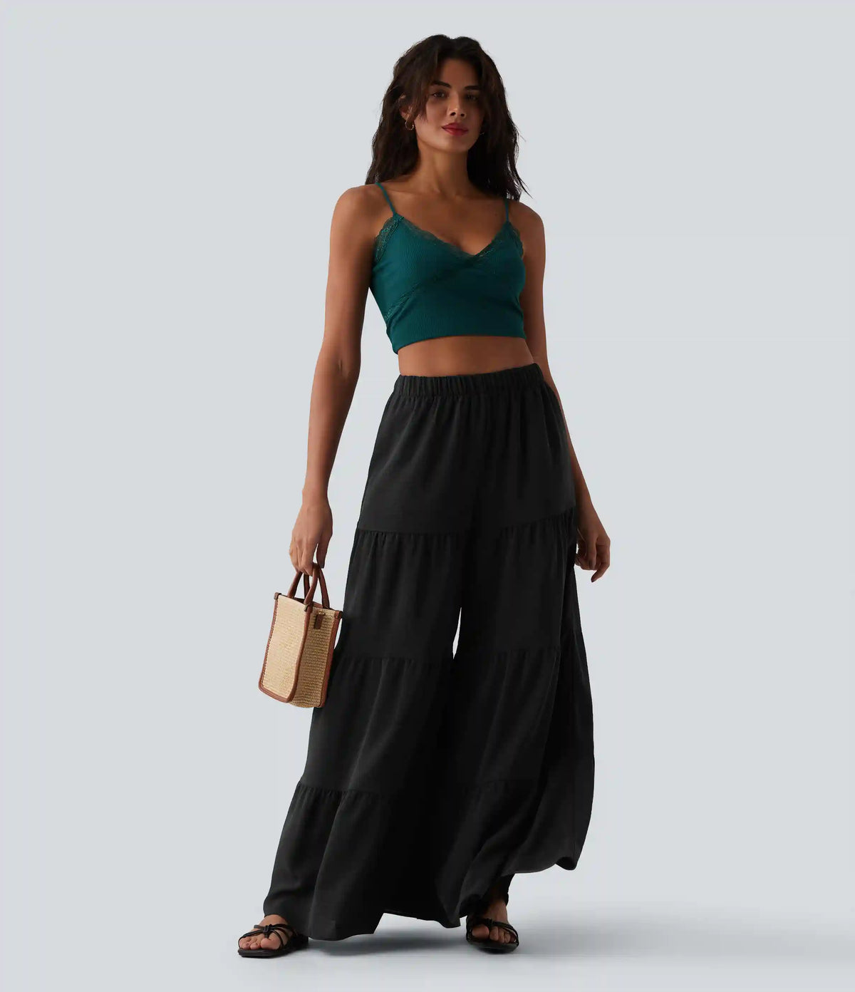 High Waisted Wide Leg Flowy Linen-Feel Pants with Pockets