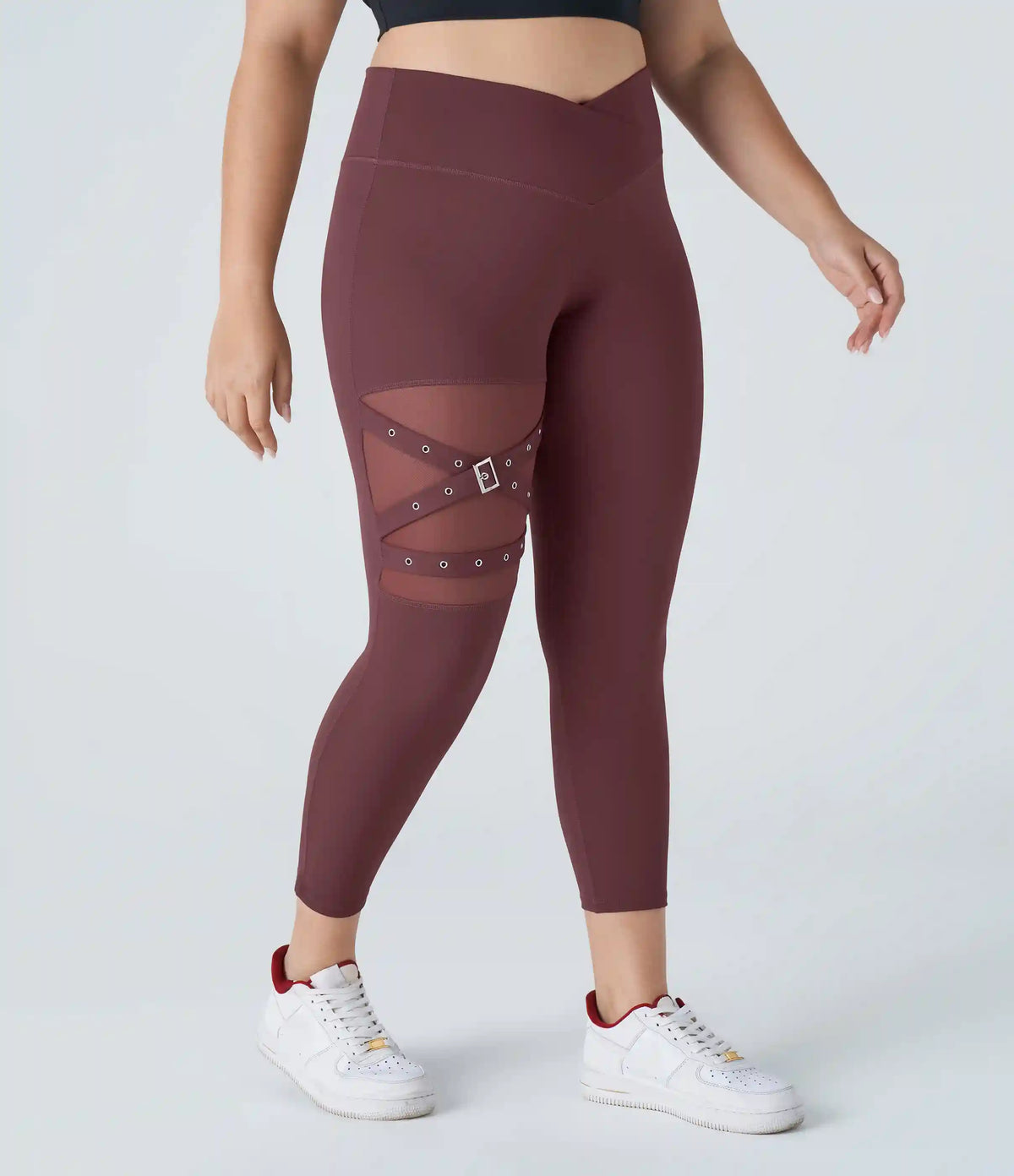 DayStretch High Waisted Crossover Contrast Mesh Decorative Buckle Yoga Plus Size Leggings