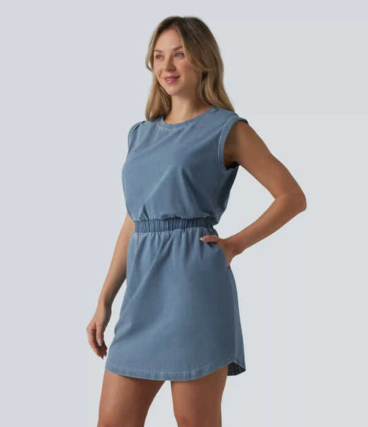 Halara Flex™ Denim Round Neck Sleeveless Curved Hem Mini Casual Dress with Pockets
