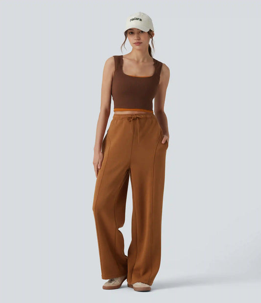SpacerTek™ High Waisted Drawstring Straight Leg Casual Pants with Pockets