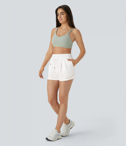 High Waisted Elastic Waistband Drawstring Pleated Yoga Shorts 3" with Pockets