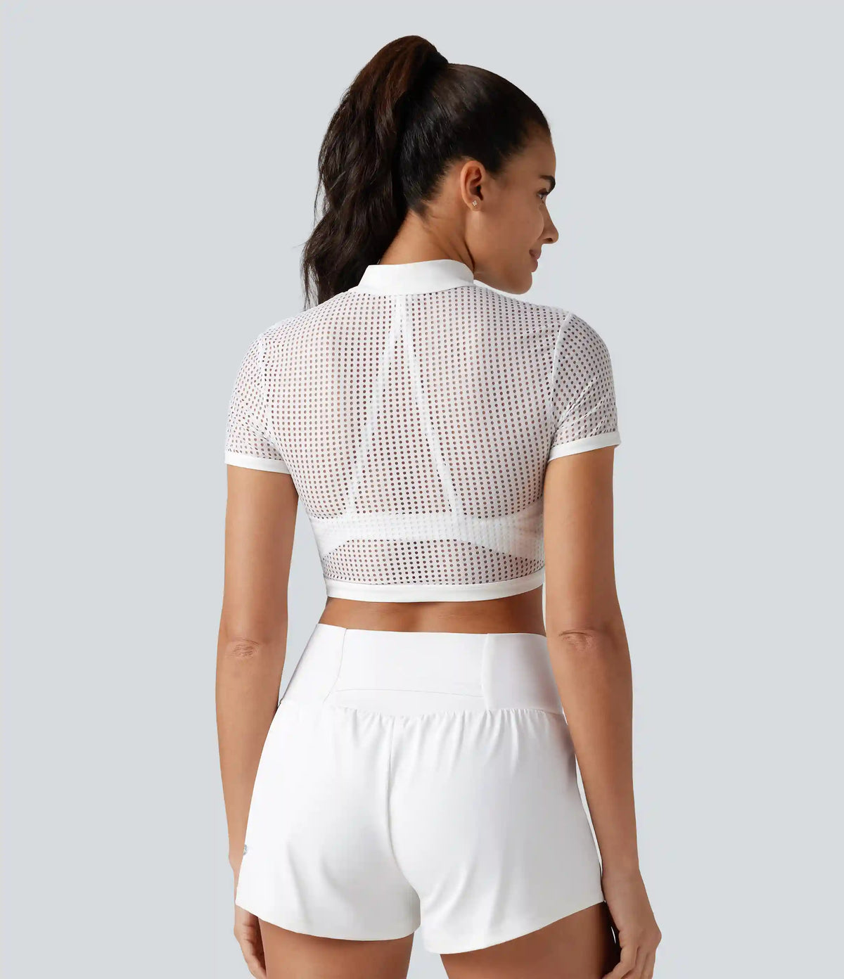 Mock Neck Short Sleeve Eyelet Cropped Running Sports Top-No Sports Bra Included