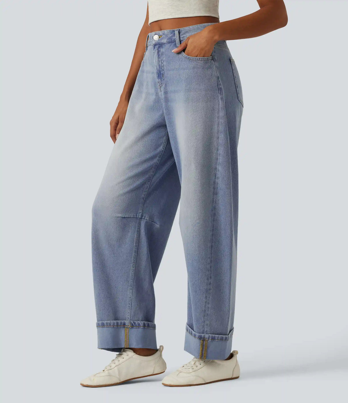 Halara Flex™ Mid Rise Barrel Leg Washed Casual Jeans with Pockets