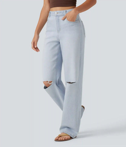High Waisted Ripped Straight Leg Casual Jeans with Pockets