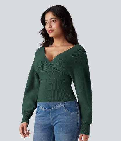 V-neck Batwing Long Sleeve Cut-out Casual Sweater