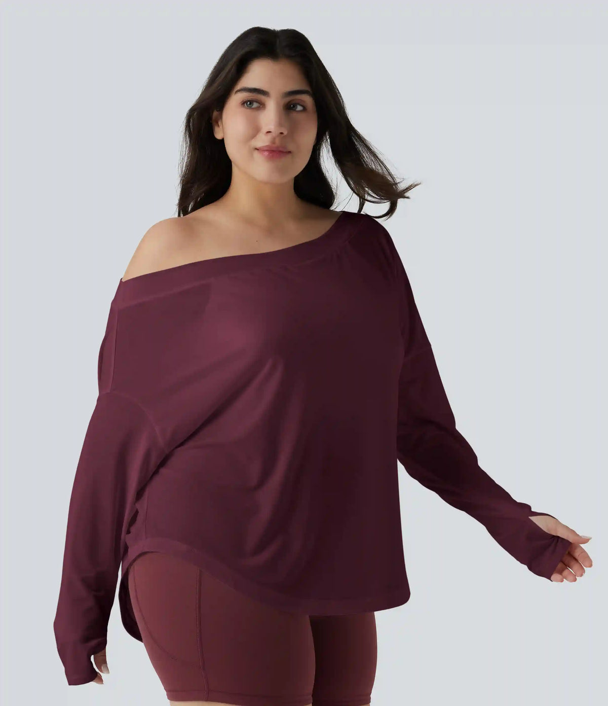 One Shoulder Long Sleeve Thumb Hole Curved Hem High Low Quick Dry Yoga Plus Size Sports Top-Built-in Bra